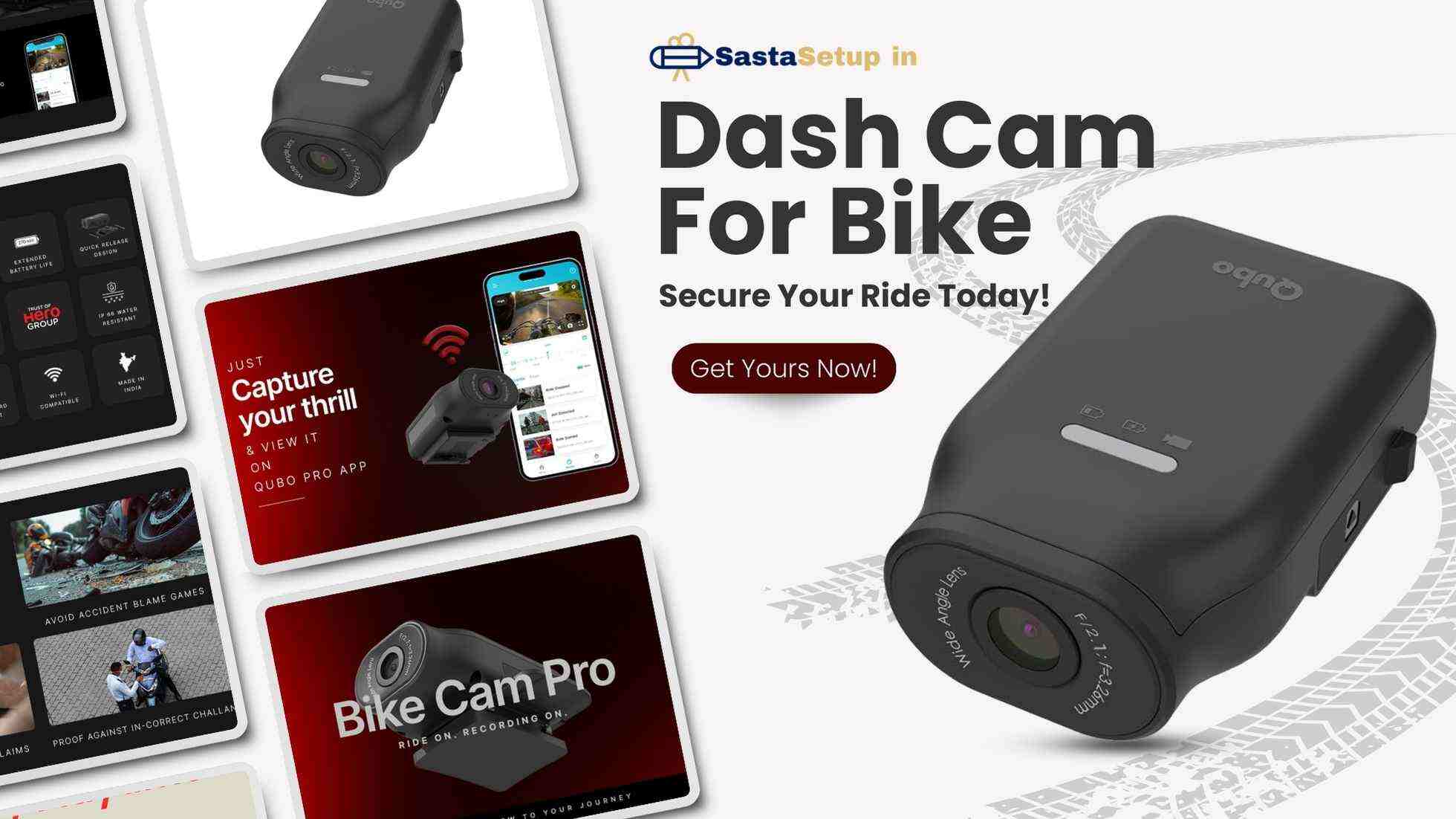 Qubo Dash Cam for Bike with 124-degree wide-angle lens, mounted on a motorcycle, recording the road ahead in 3MP 1296p resolution.