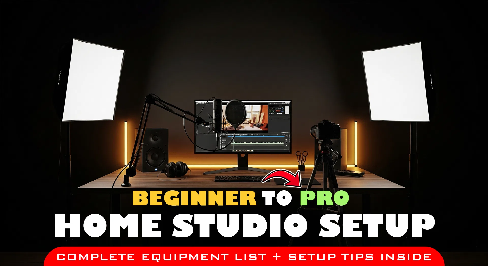 Professional YouTube home studio setup with backdrop, softbox lighting, microphone, and tripod for recording videos at home.