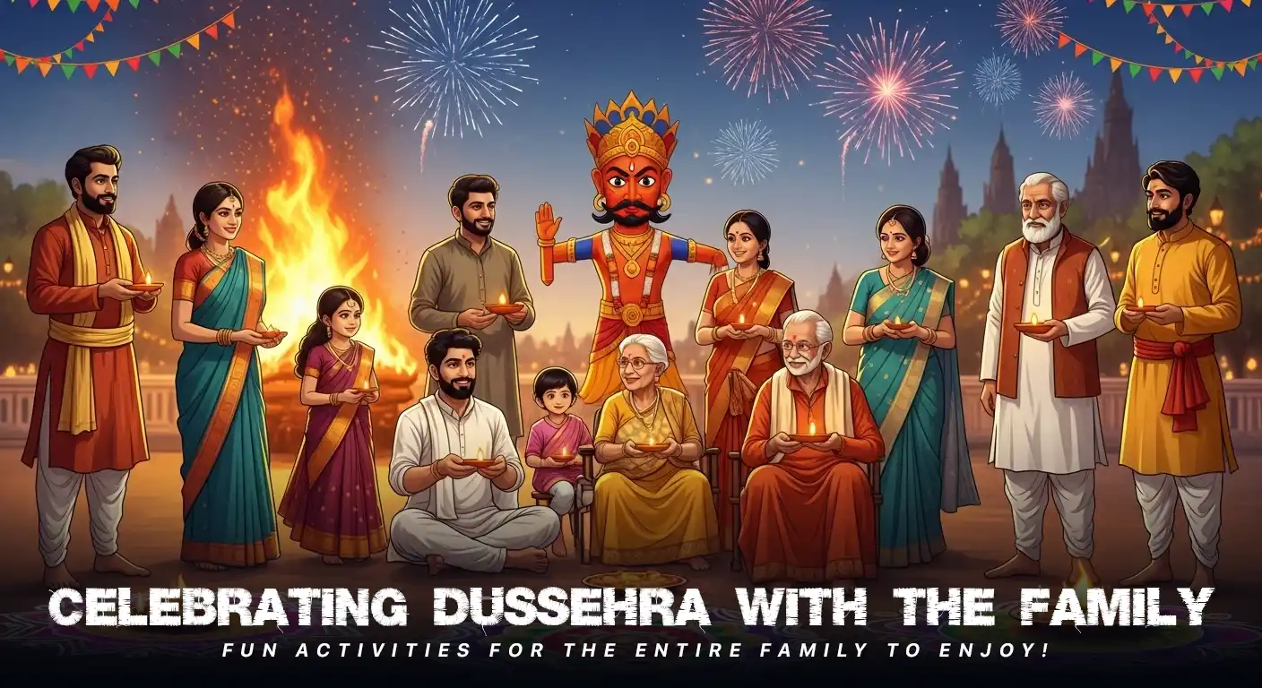 Family celebrating Dussehra together with fun activities like arts and crafts, puja, gift exchange, and traditional meals, surrounded by festive decorations and diyas.
